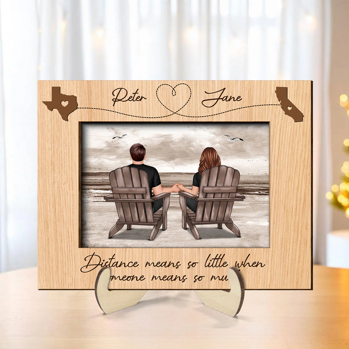 Long Distance Couple Sitting Back View At Beach Personalized 2-Layer Wooden Plaque - Image 2