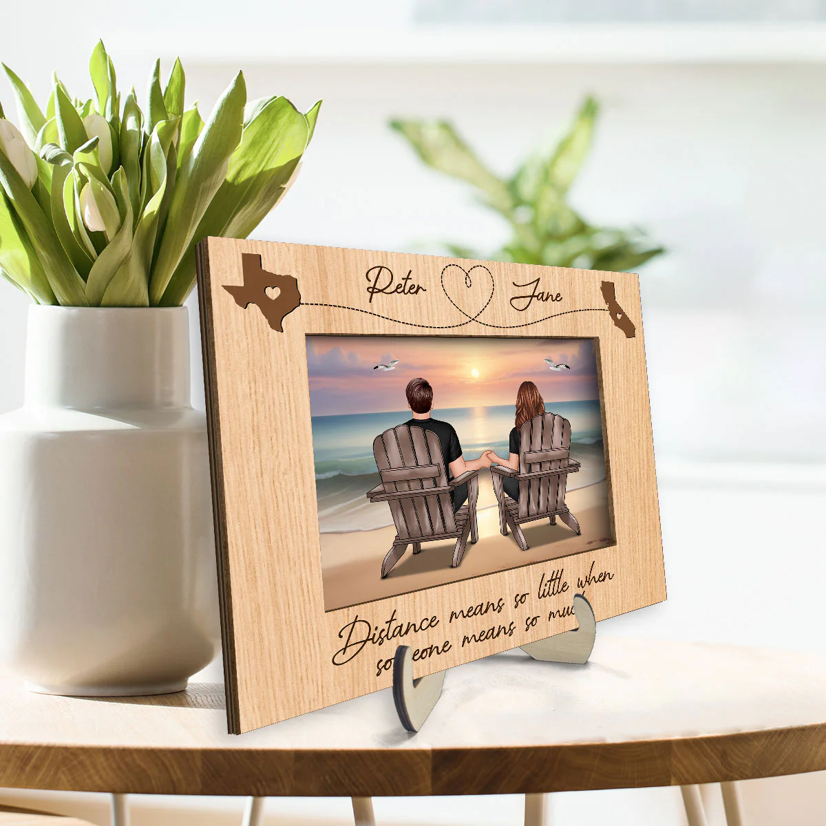 Long Distance Couple Sitting Back View At Beach Personalized 2-Layer Wooden Plaque - Image 3