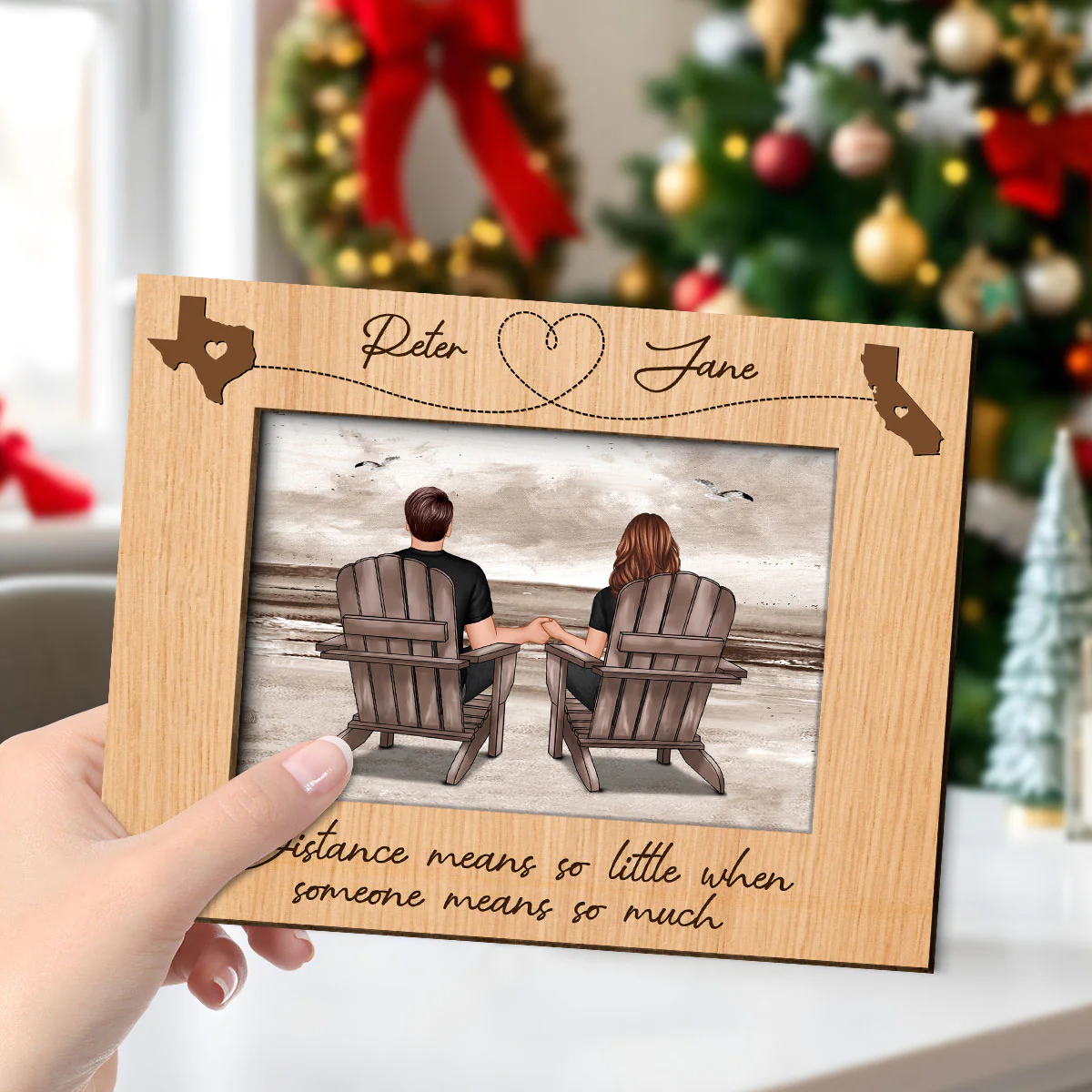 Long Distance Couple Sitting Back View At Beach Personalized 2-Layer Wooden Plaque - Image 4