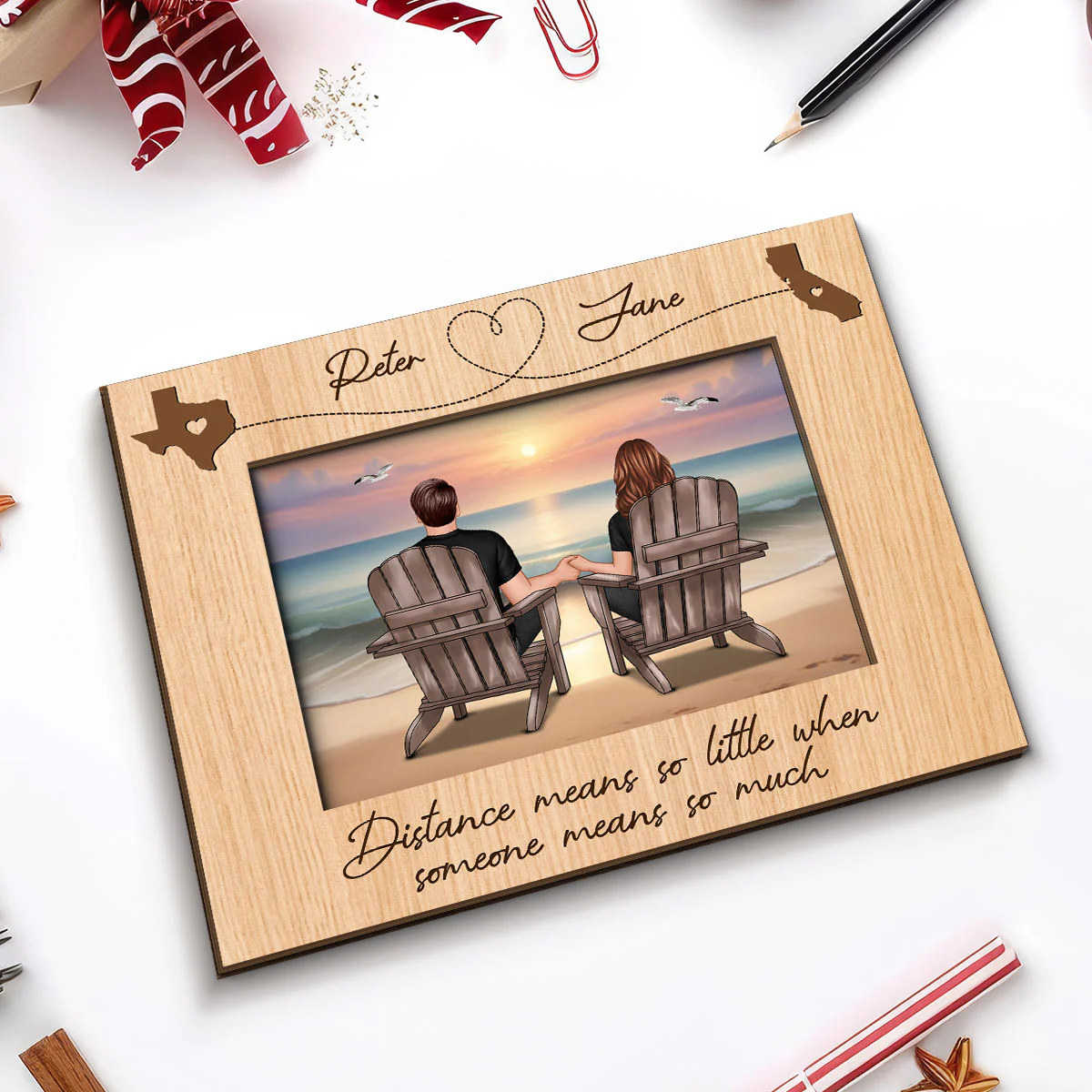 Long Distance Couple Sitting Back View At Beach Personalized 2-Layer Wooden Plaque - Image 5