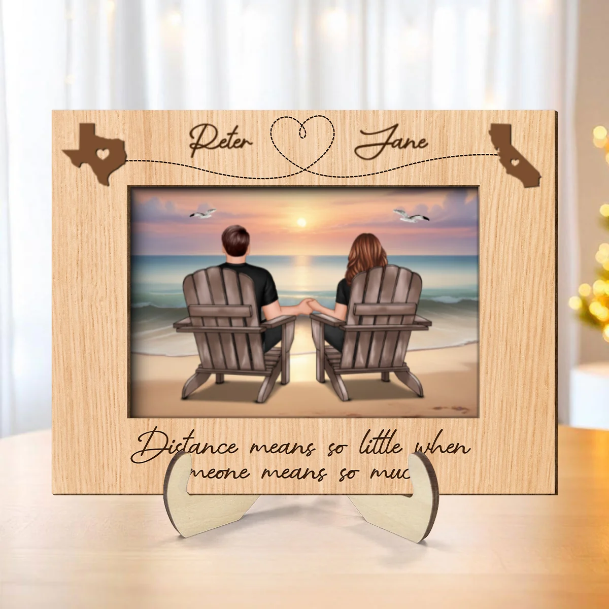 Long Distance Couple Sitting Back View At Beach Personalized 2-Layer Wooden Plaque - Image 8