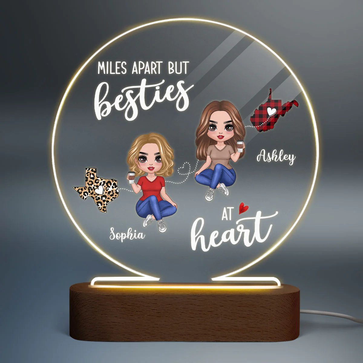 Long Distance Doll Besties Miles Apart Christmas Personalized Acrylic Circle Plaque With LED Night Light - Image 2