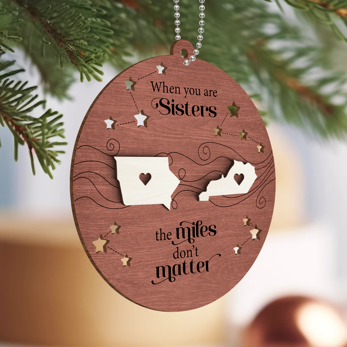 Long Distance Family Friends Siblings Sisters Besties Personalized 2-Layered Wooden Ornament, Togetherness Christmas Gift - Image 6
