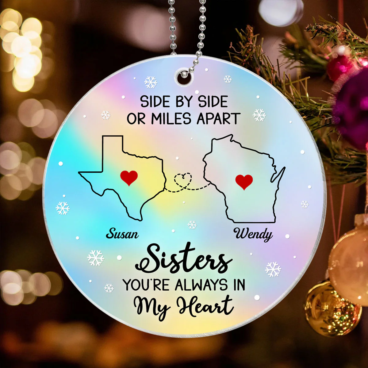 Long Distance Hologram Patterned Family Friends Siblings Sisters Besties Personalized Acrylic Ornament, Togetherness Christmas Gift - Image 2