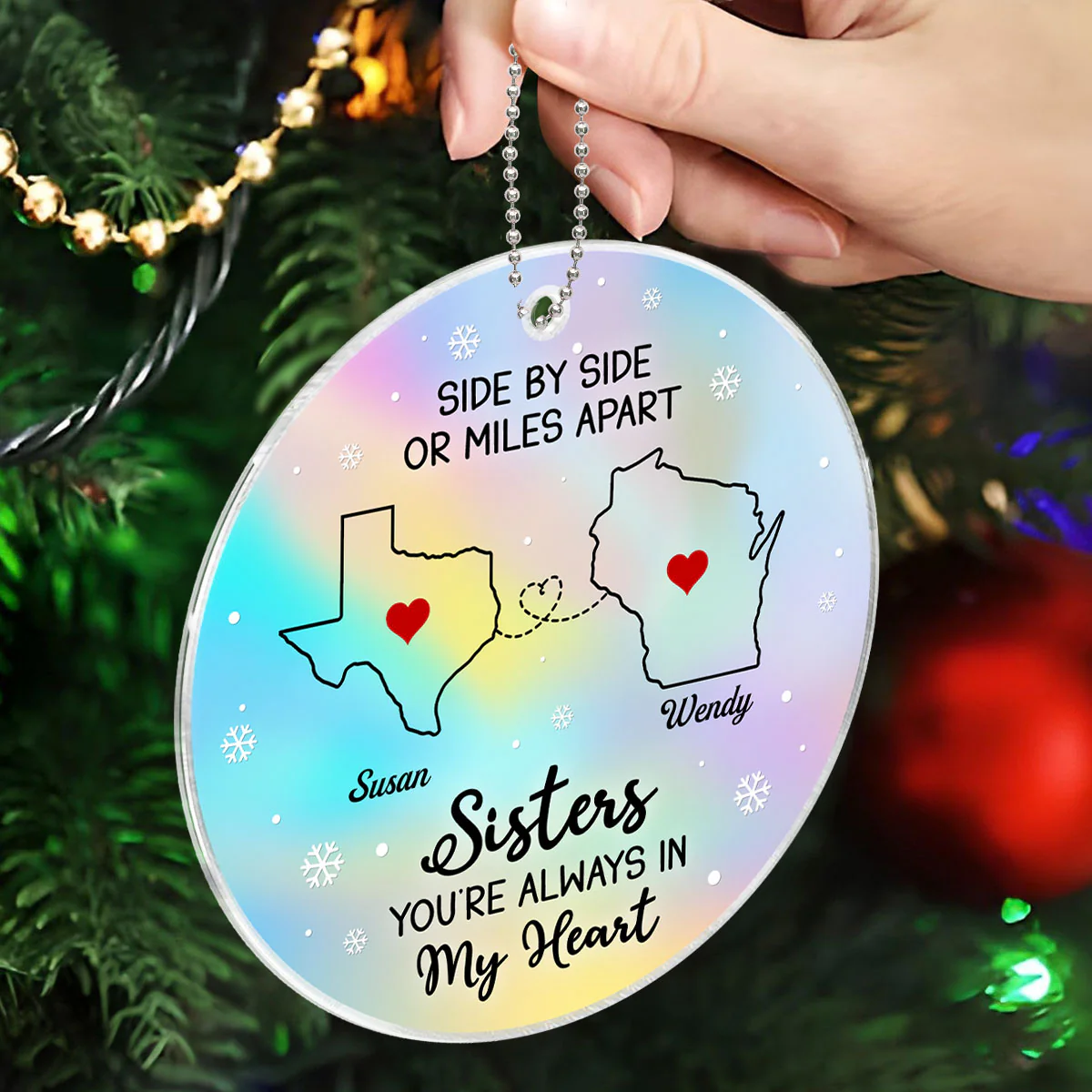 Long Distance Hologram Patterned Family Friends Siblings Sisters Besties Personalized Acrylic Ornament, Togetherness Christmas Gift - Image 3