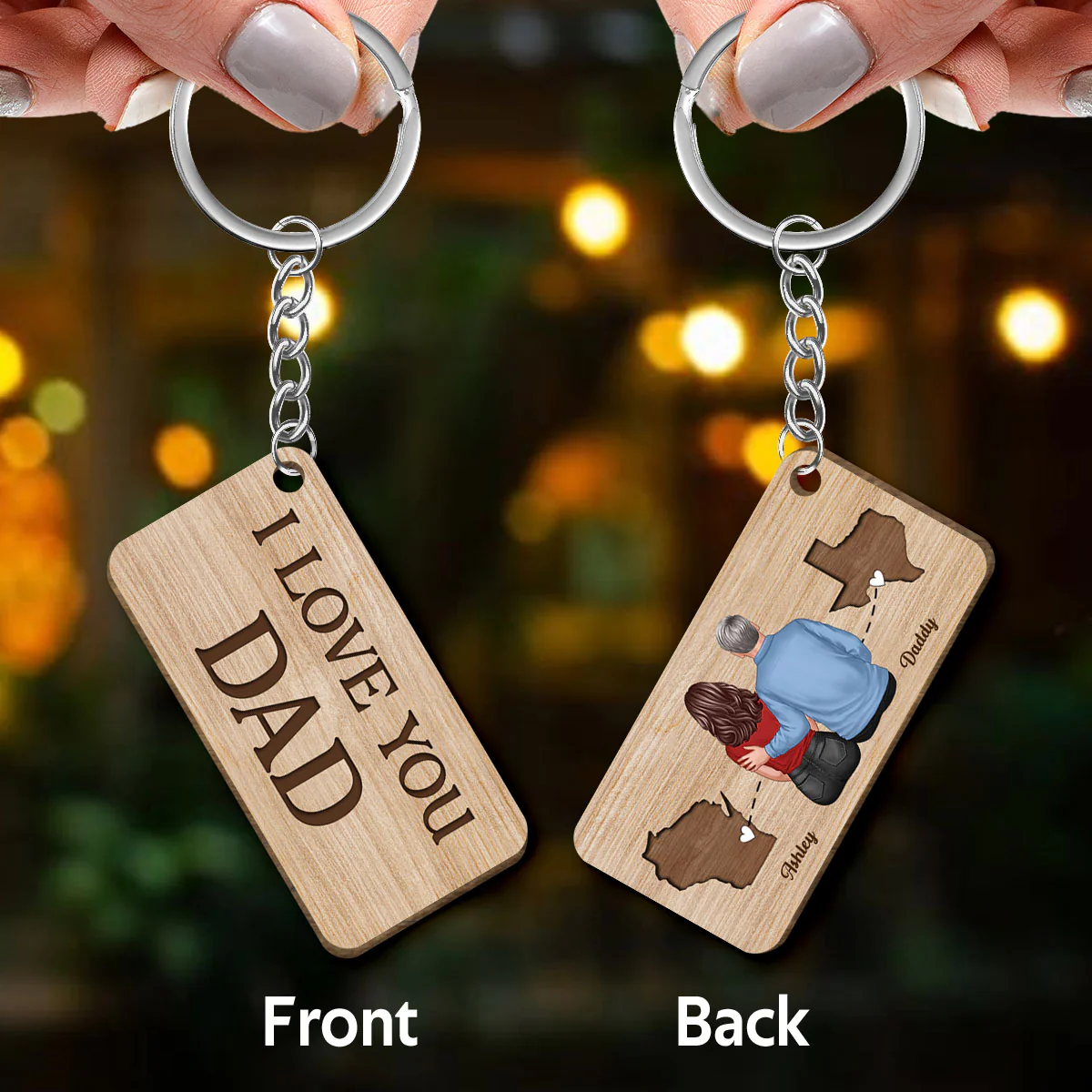 Long Distance I Love You Dad Back View Dad And Daughter Son Personalized Wooden Keychain - Image 3