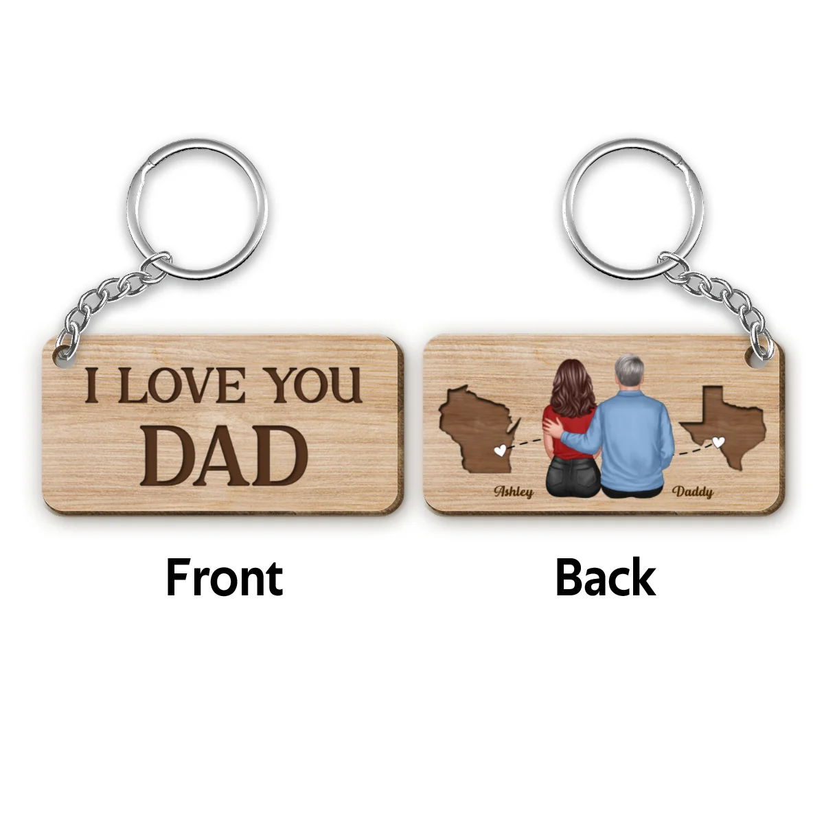 Long Distance I Love You Dad Back View Dad And Daughter Son Personalized Wooden Keychain - Image 4
