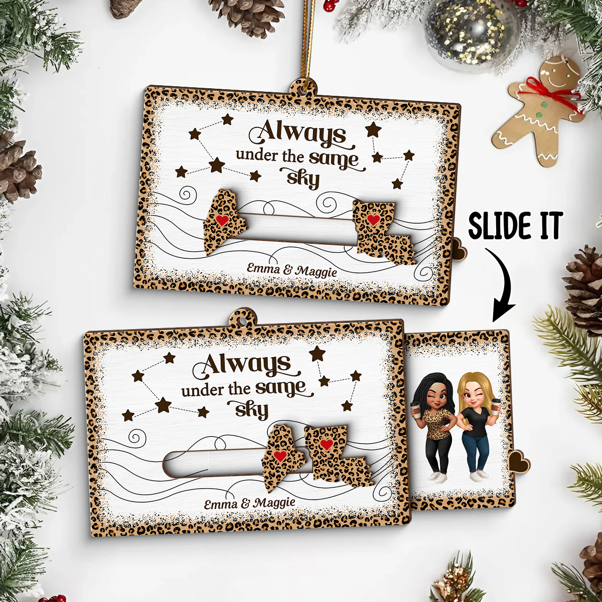 Long Distance Leopard State Map Besties Sisters Personalized Slider Ornament, Meaningful Christmas Gift - Image 2