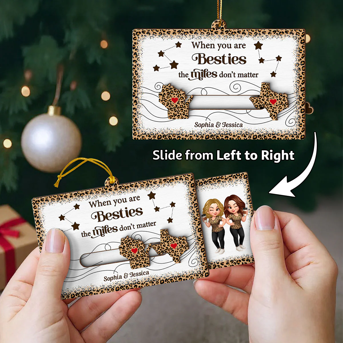 Long Distance Leopard State Map Besties Sisters Personalized Slider Ornament, Meaningful Christmas Gift - Image 3