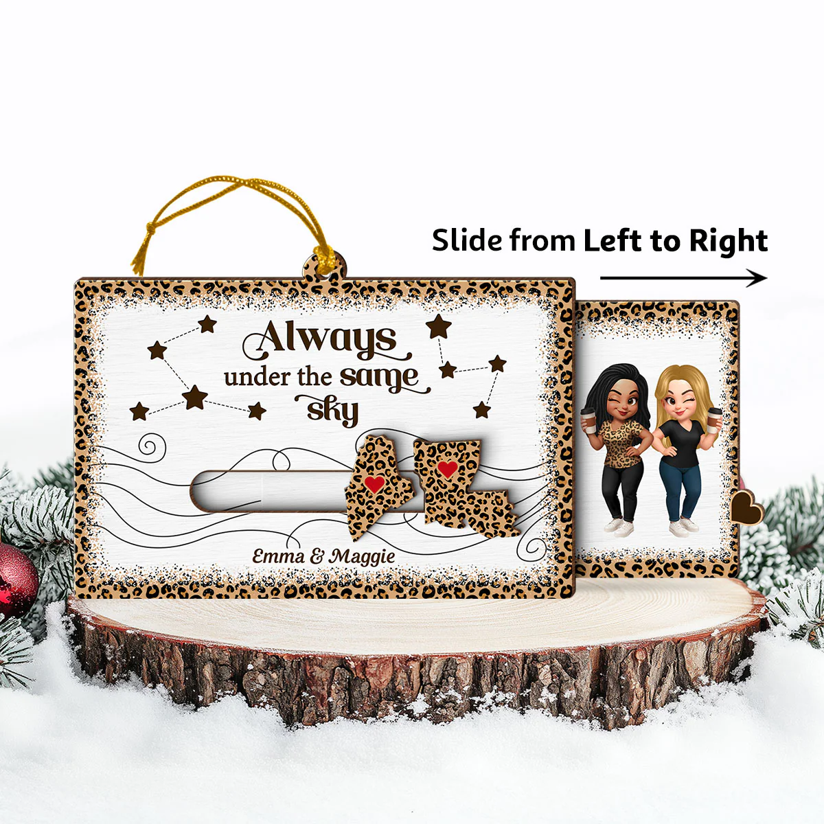 Long Distance Leopard State Map Besties Sisters Personalized Slider Ornament, Meaningful Christmas Gift - Image 4