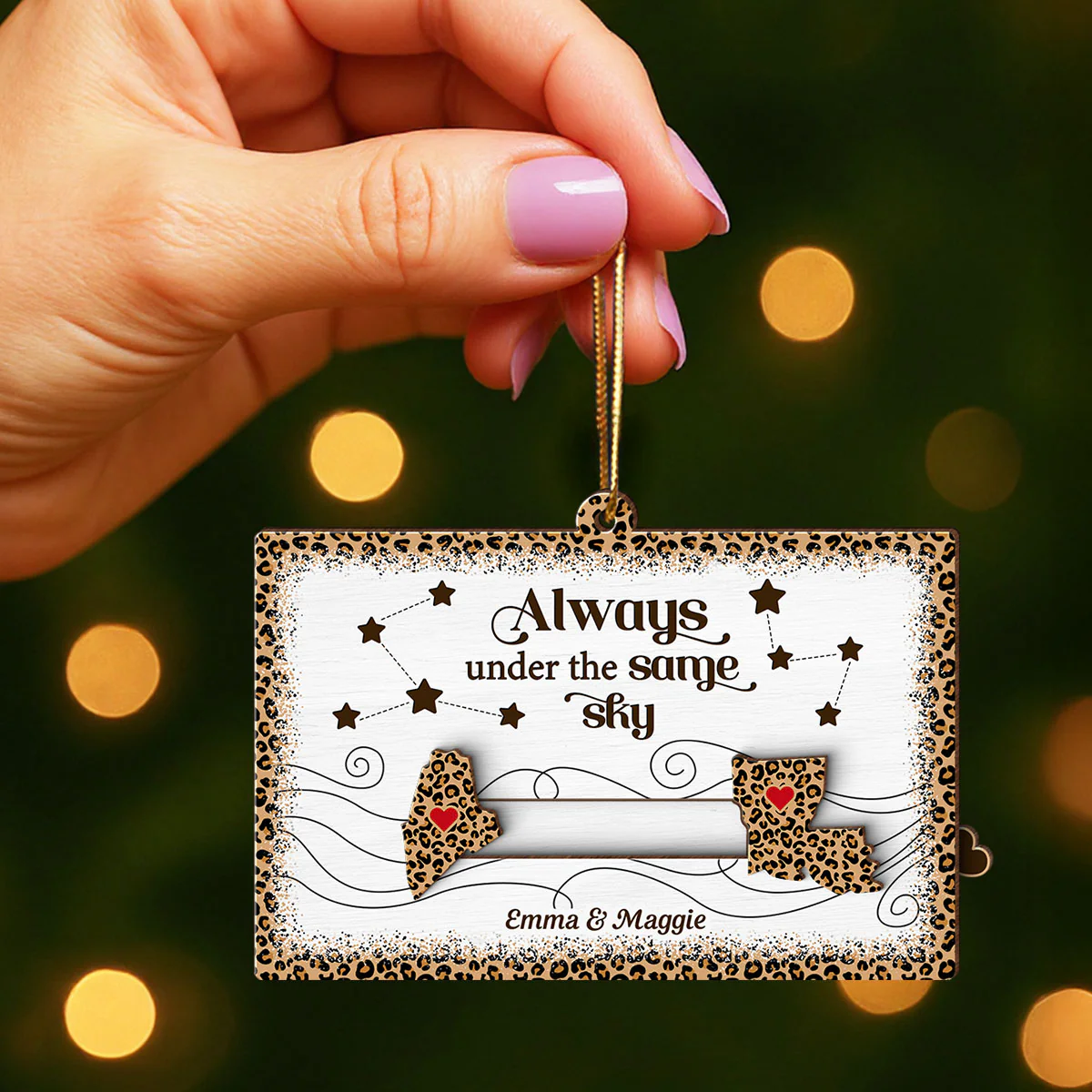 Long Distance Leopard State Map Besties Sisters Personalized Slider Ornament, Meaningful Christmas Gift - Image 5
