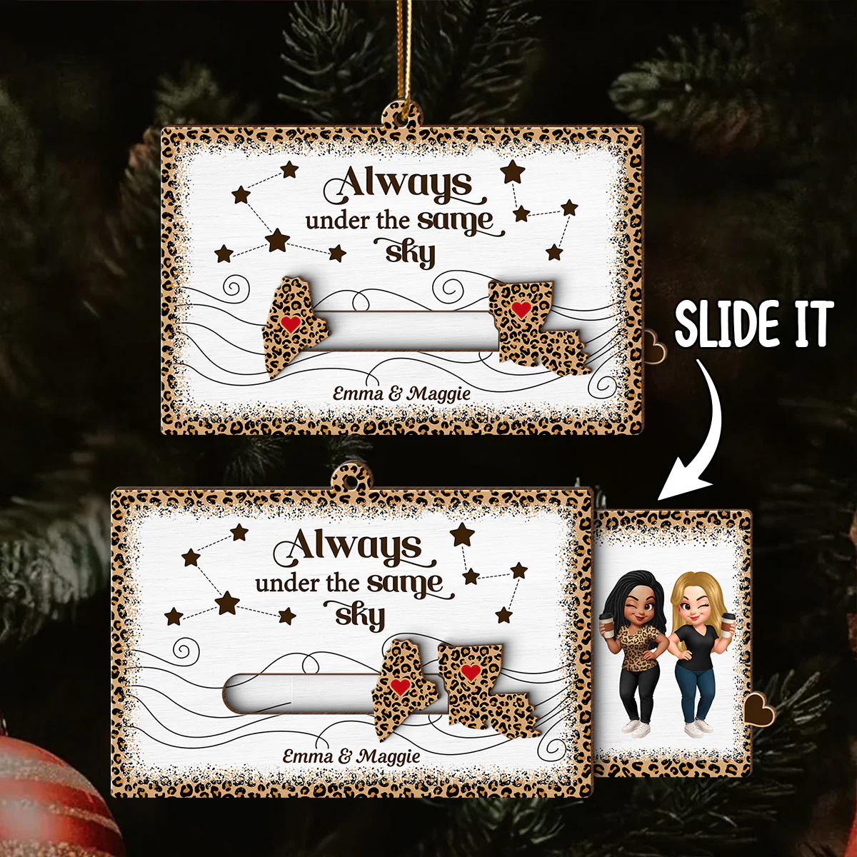 Long Distance Leopard State Map Besties Sisters Personalized Slider Ornament, Meaningful Christmas Gift - Image 6