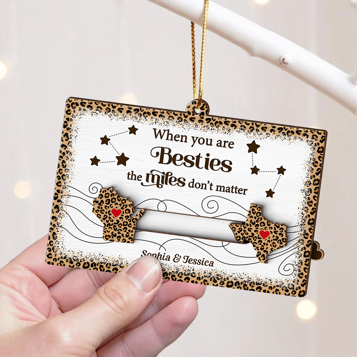 Long Distance Leopard State Map Besties Sisters Personalized Slider Ornament, Meaningful Christmas Gift - Image 7