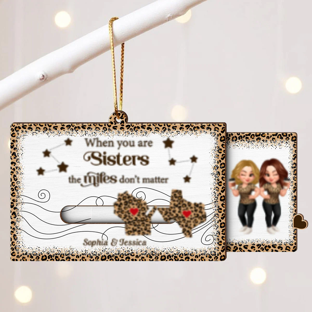 Long Distance Leopard State Map Besties Sisters Personalized Slider Ornament, Meaningful Christmas Gift - Image 9
