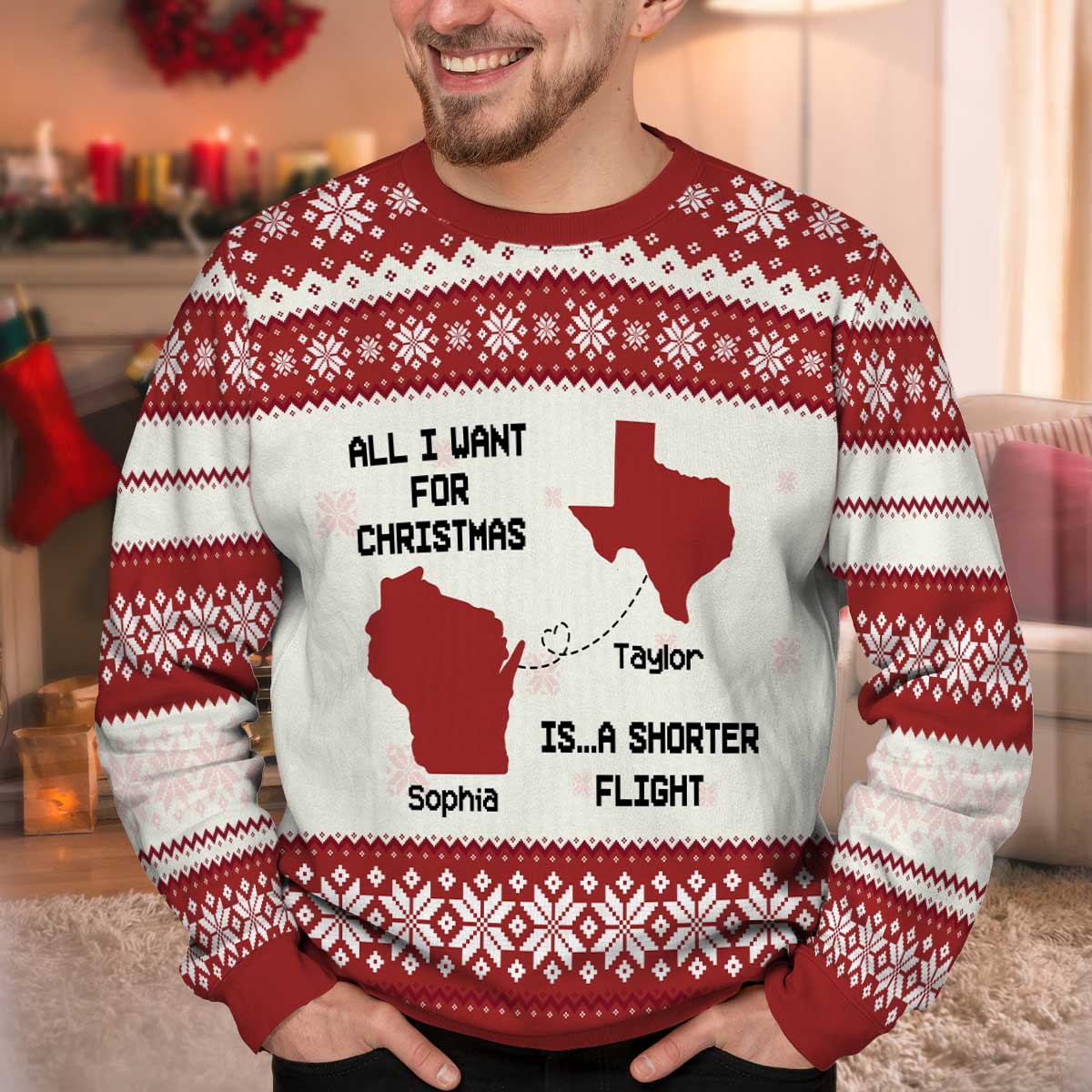 Long Distance State Map Funny Gift For Couple, Family & Friends Personalized Faux Knitting Ugly Sweater - Image 2