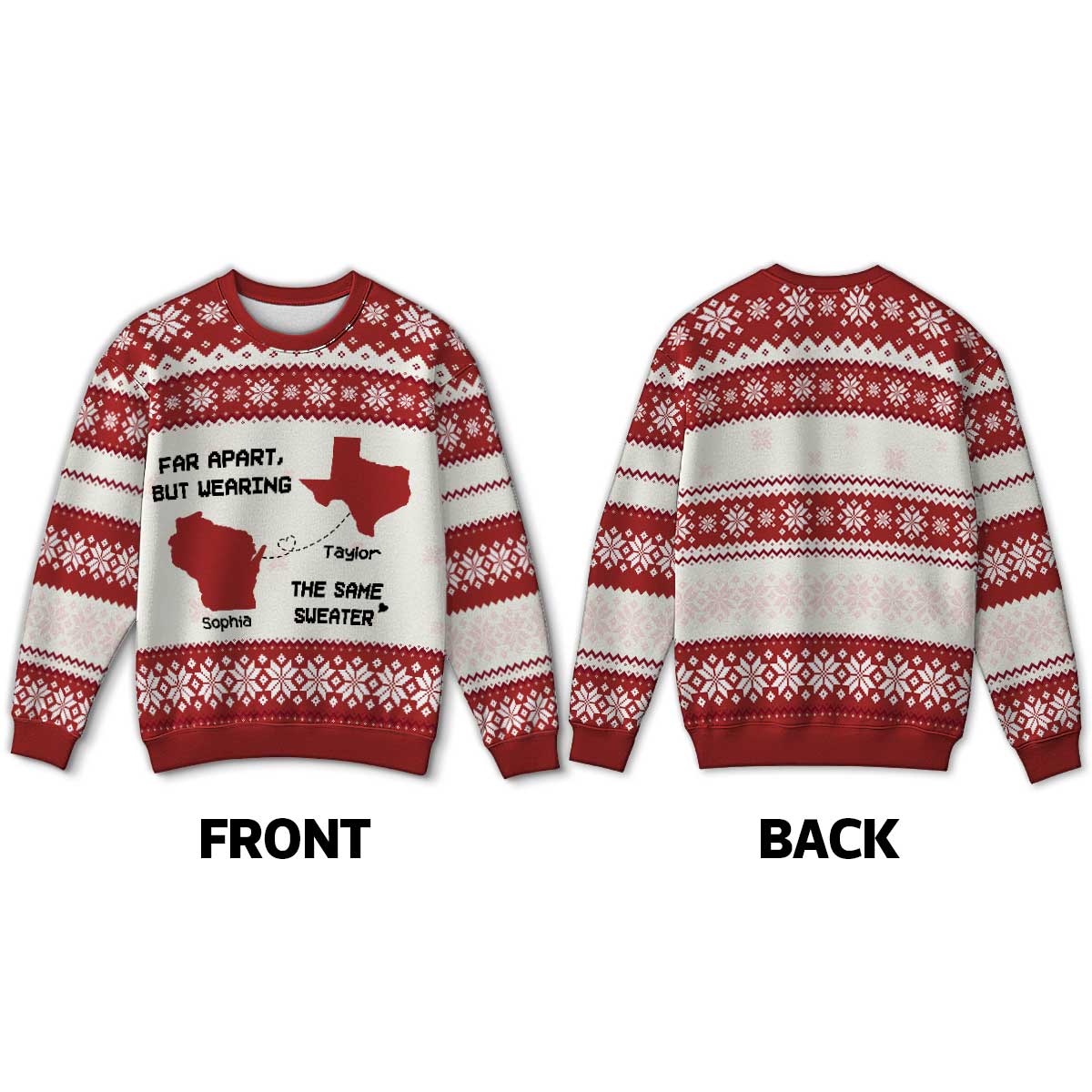 Long Distance State Map Funny Gift For Couple, Family & Friends Personalized Faux Knitting Ugly Sweater - Image 3