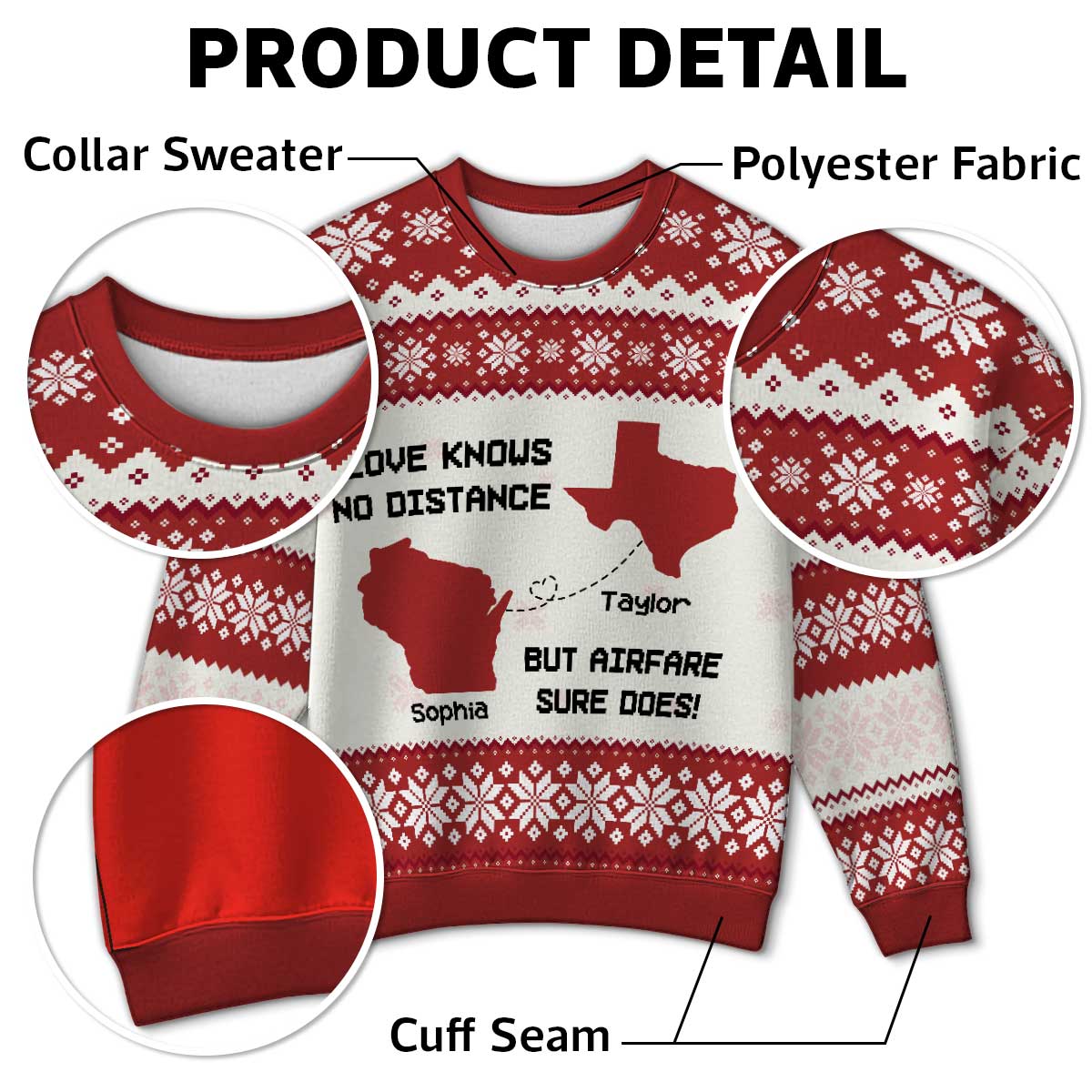 Long Distance State Map Funny Gift For Couple, Family & Friends Personalized Faux Knitting Ugly Sweater - Image 4