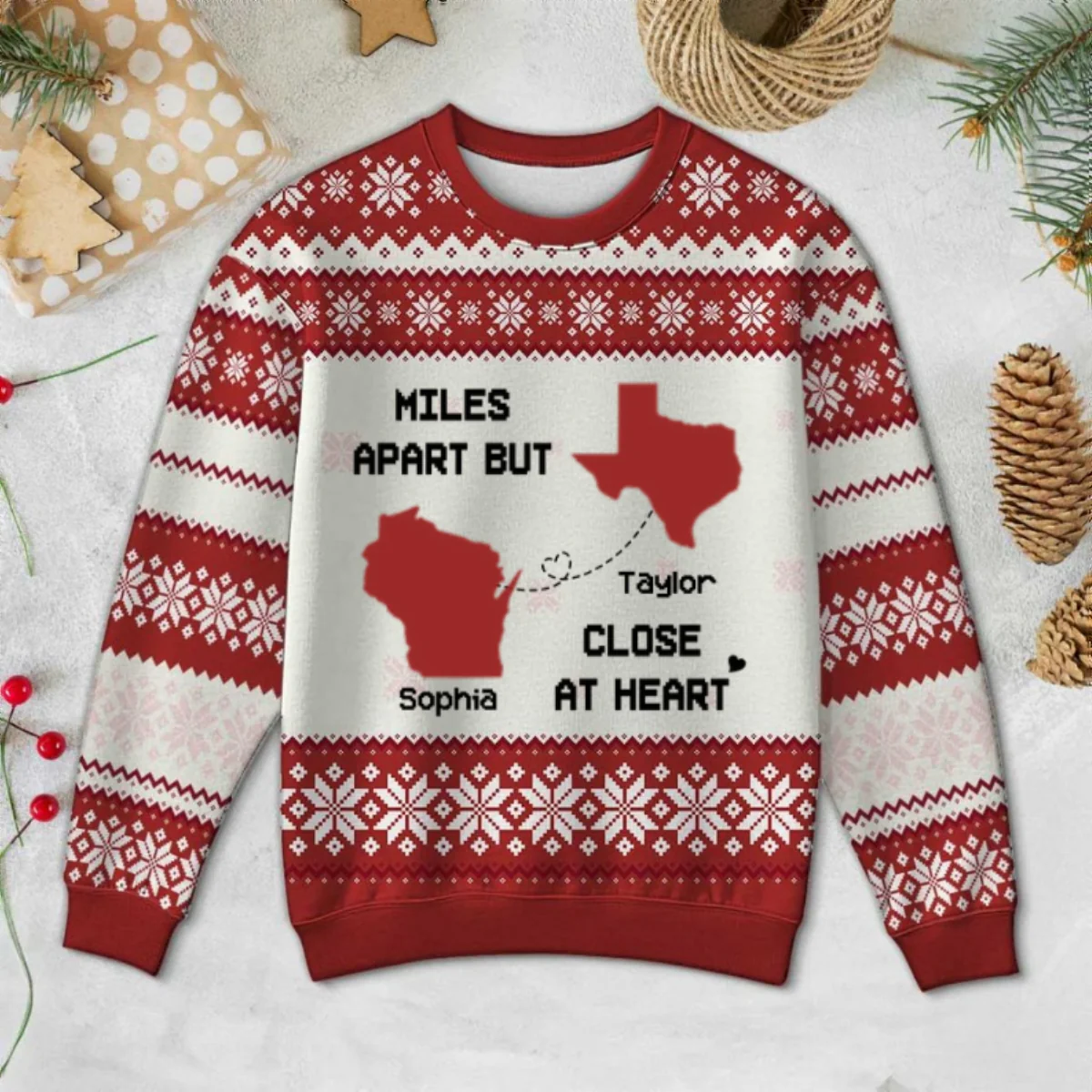 Long Distance State Map Funny Gift For Couple, Family & Friends Personalized Faux Knitting Ugly Sweater - Image 7