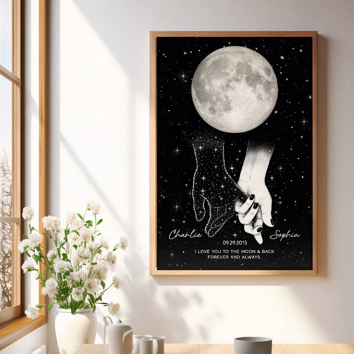Lost Loved One Holding Hands Moon Phase Galaxy Art Memorial Sympathy Gift Personalized Poster - Image 4