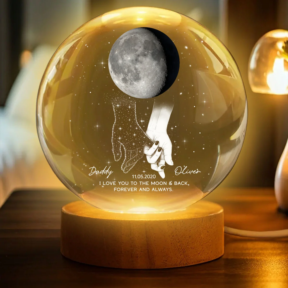 Lost Loved One Holding Hands Moon Phase Galaxy Art - Personalized Crystal Ball Night Light - Memorial Sympathy Gift - Image 12