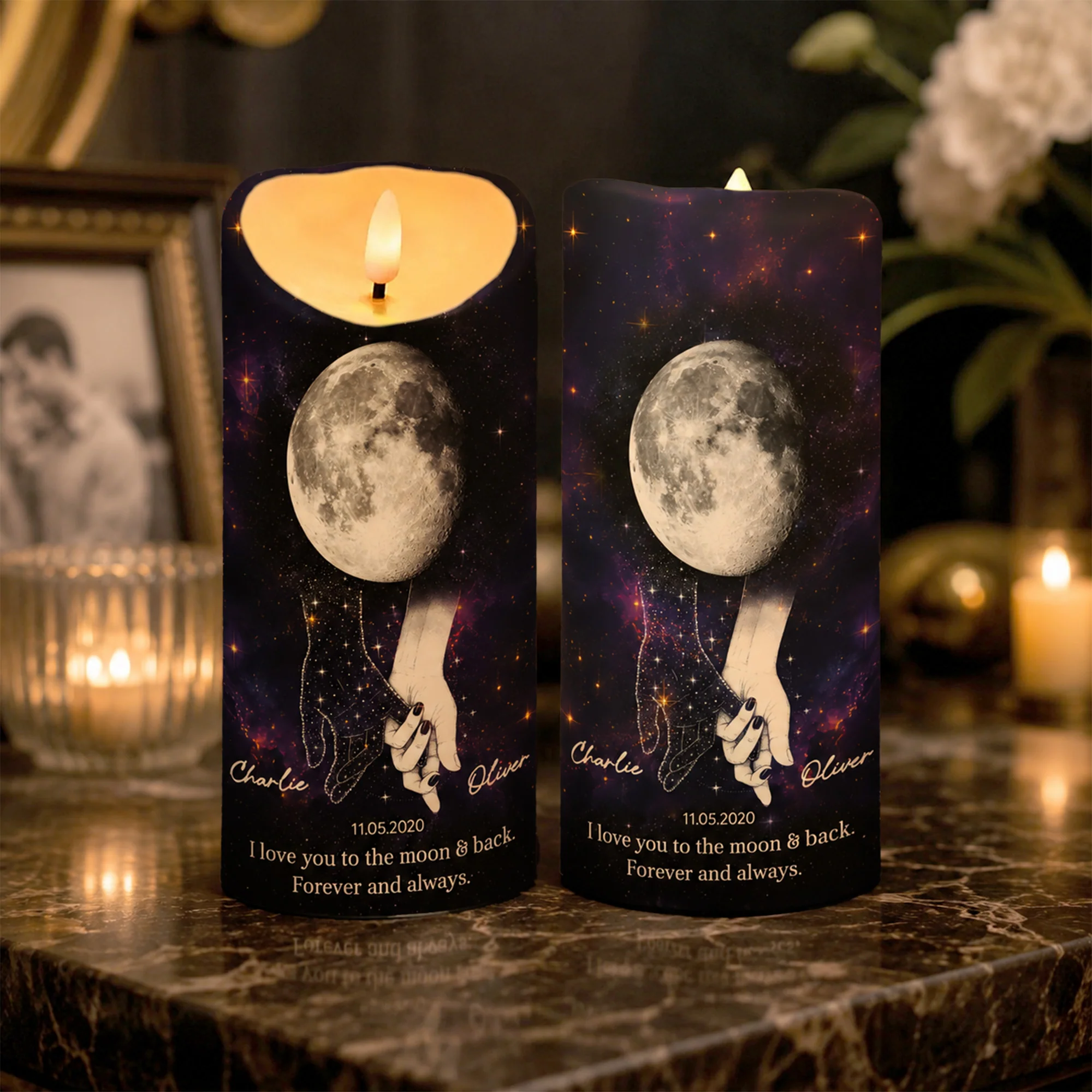 Lost Loved One Holding Hands Moon Phase - Personalized LED Candle - Memorial Gift, Remembrance Keepsake - Image 2