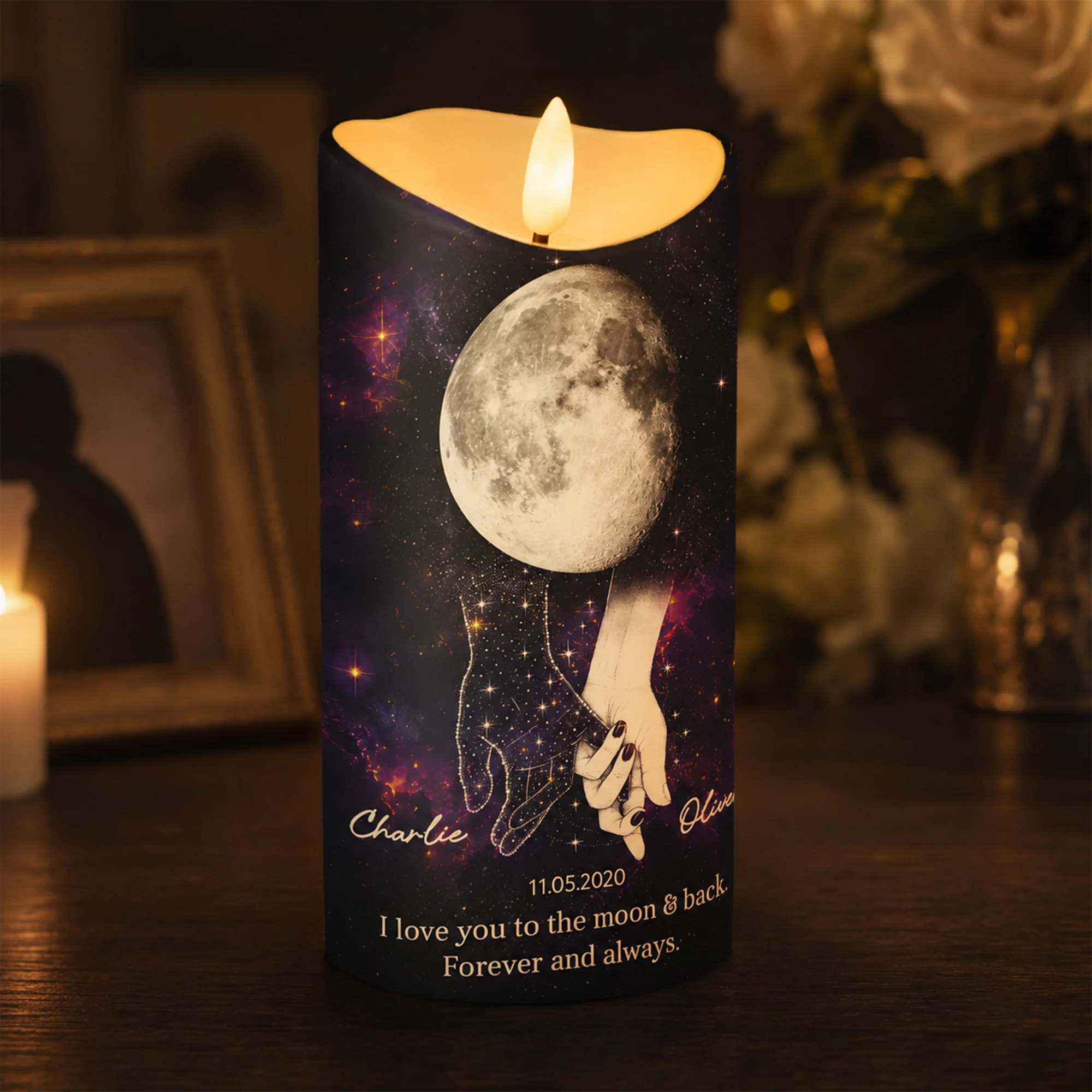 Lost Loved One Holding Hands Moon Phase - Personalized LED Candle - Memorial Gift, Remembrance Keepsake - Image 3