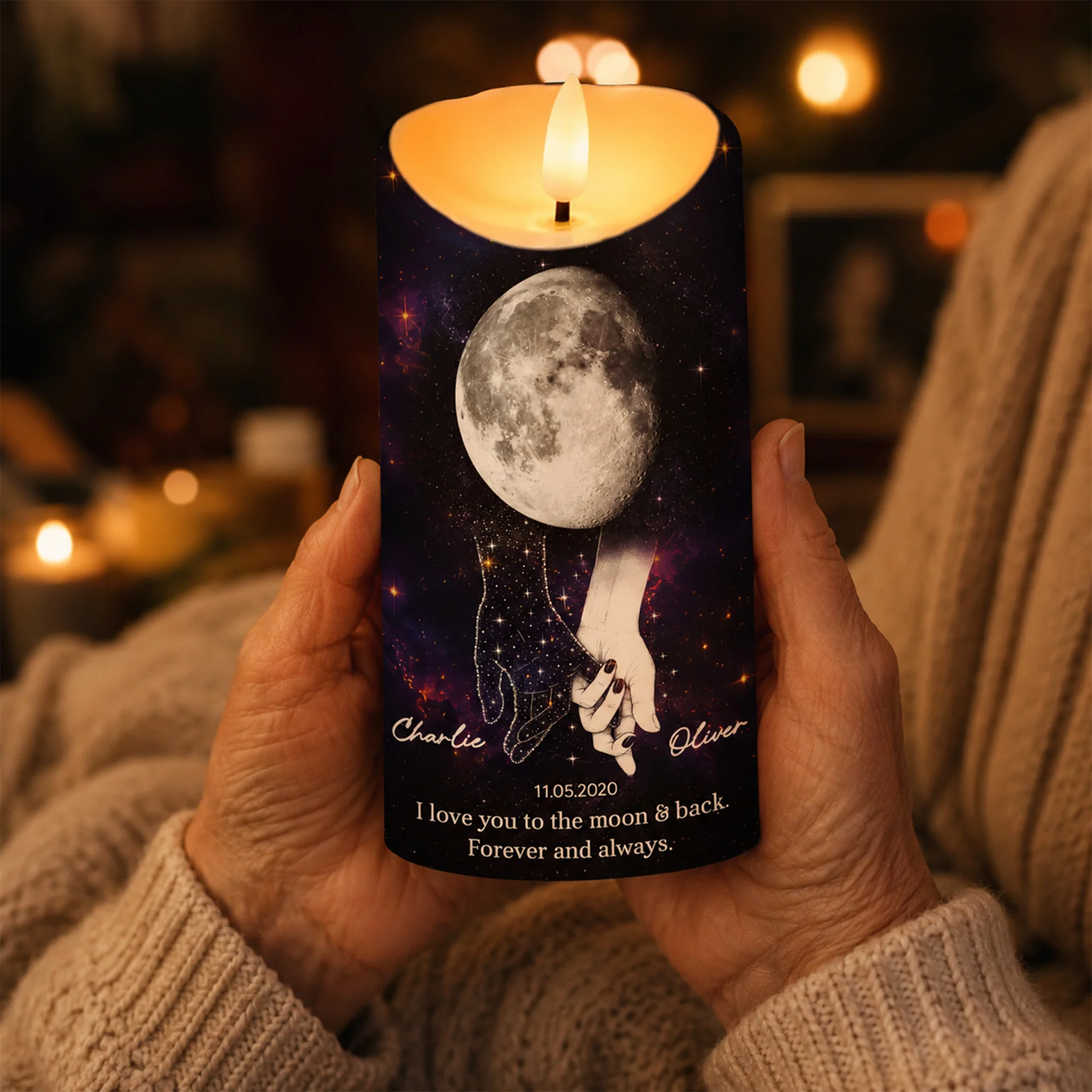 Lost Loved One Holding Hands Moon Phase - Personalized LED Candle - Memorial Gift, Remembrance Keepsake - Image 4