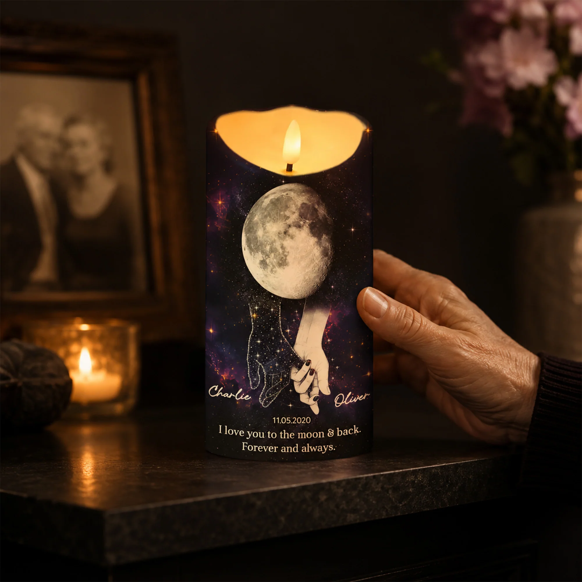 Lost Loved One Holding Hands Moon Phase - Personalized LED Candle - Memorial Gift, Remembrance Keepsake - Image 5
