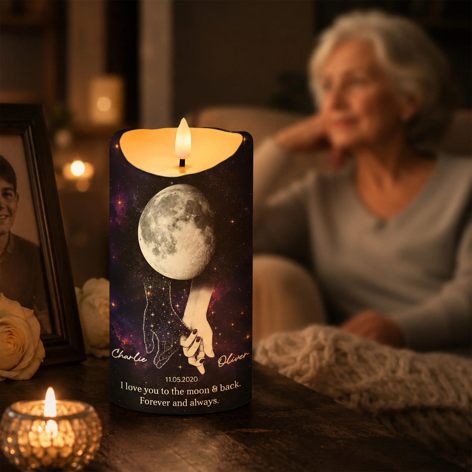 Lost Loved One Holding Hands Moon Phase - Personalized LED Candle - Memorial Gift, Remembrance Keepsake - Image 7