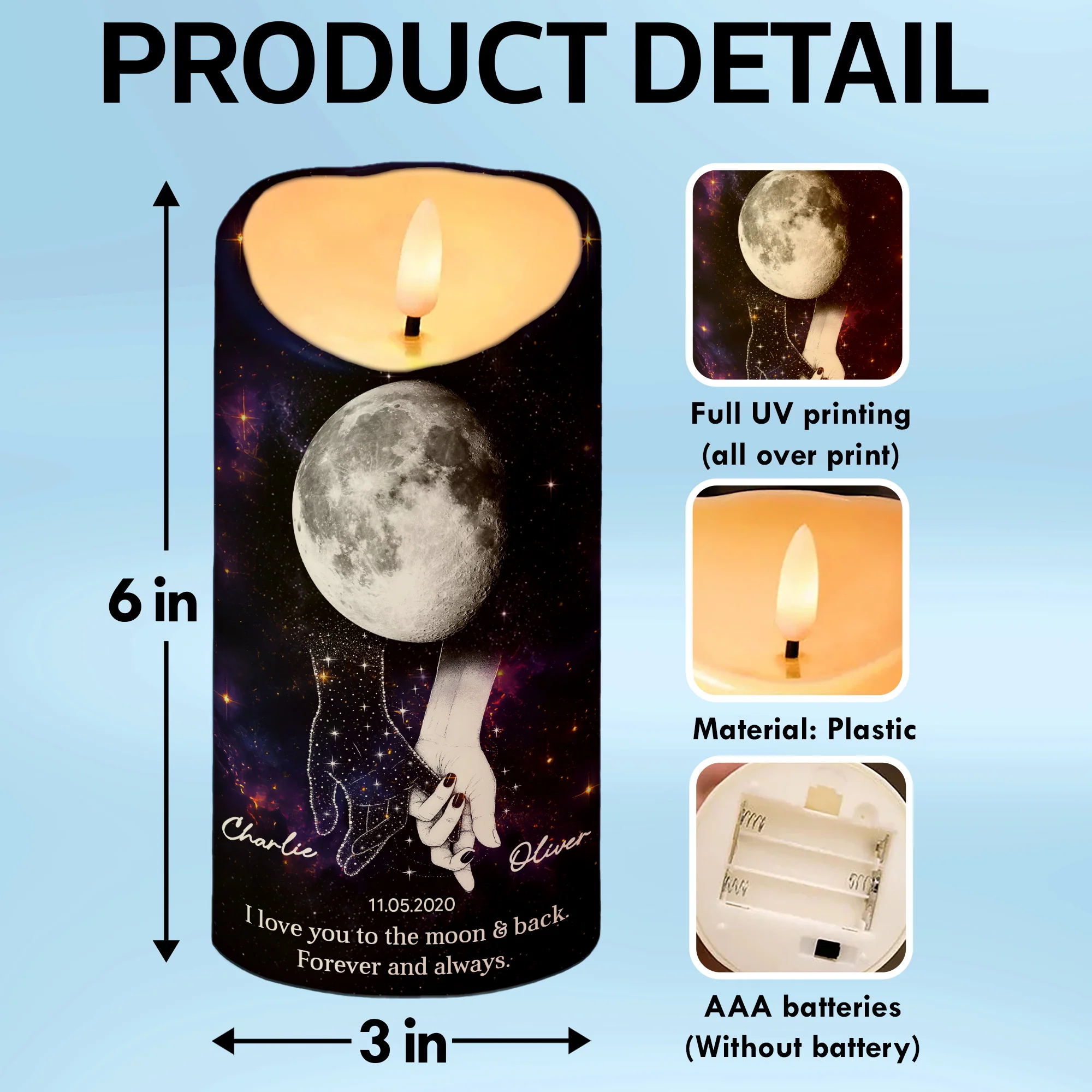 Lost Loved One Holding Hands Moon Phase - Personalized LED Candle - Memorial Gift, Remembrance Keepsake - Image 9