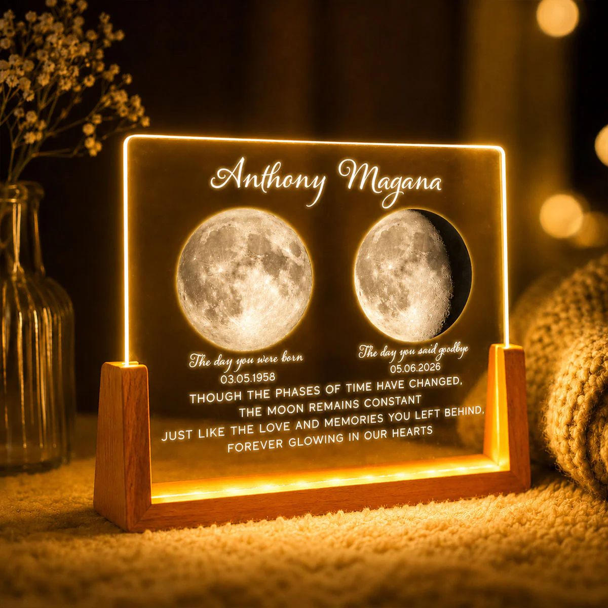 Lost Loved One Moon Phase Art Memorial - Personalized Acrylic LED Night Light - Memorial Gift, Sympathy Gift - Image 3