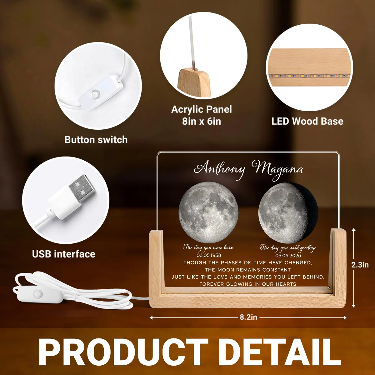 Lost Loved One Moon Phase Art Memorial - Personalized Acrylic LED Night Light - Memorial Gift, Sympathy Gift - Image 4
