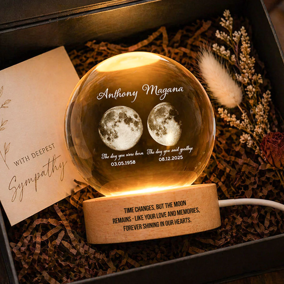 Lost Loved One Moon Phase Art - Personalized Crystal Ball LED Night Light - Memorial Keepsake Sympathy Gift - Image 2