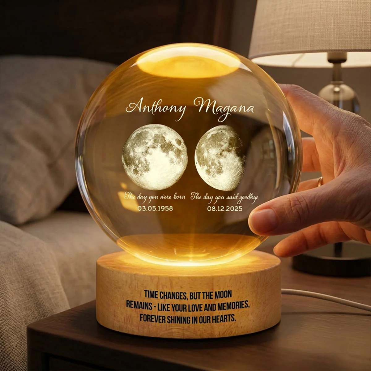 Lost Loved One Moon Phase Art - Personalized Crystal Ball LED Night Light - Memorial Keepsake Sympathy Gift - Image 3