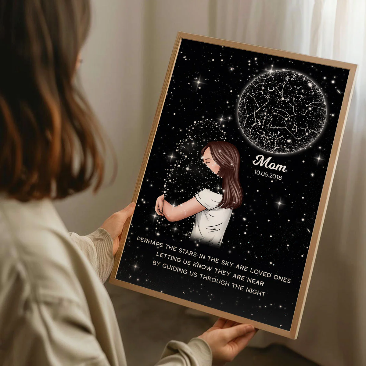 Lost Loved One Woman Hugging Star Map Galaxy Art Memorial Sympathy Gift Personalized Poster, Custom By Location And Date - Image 6