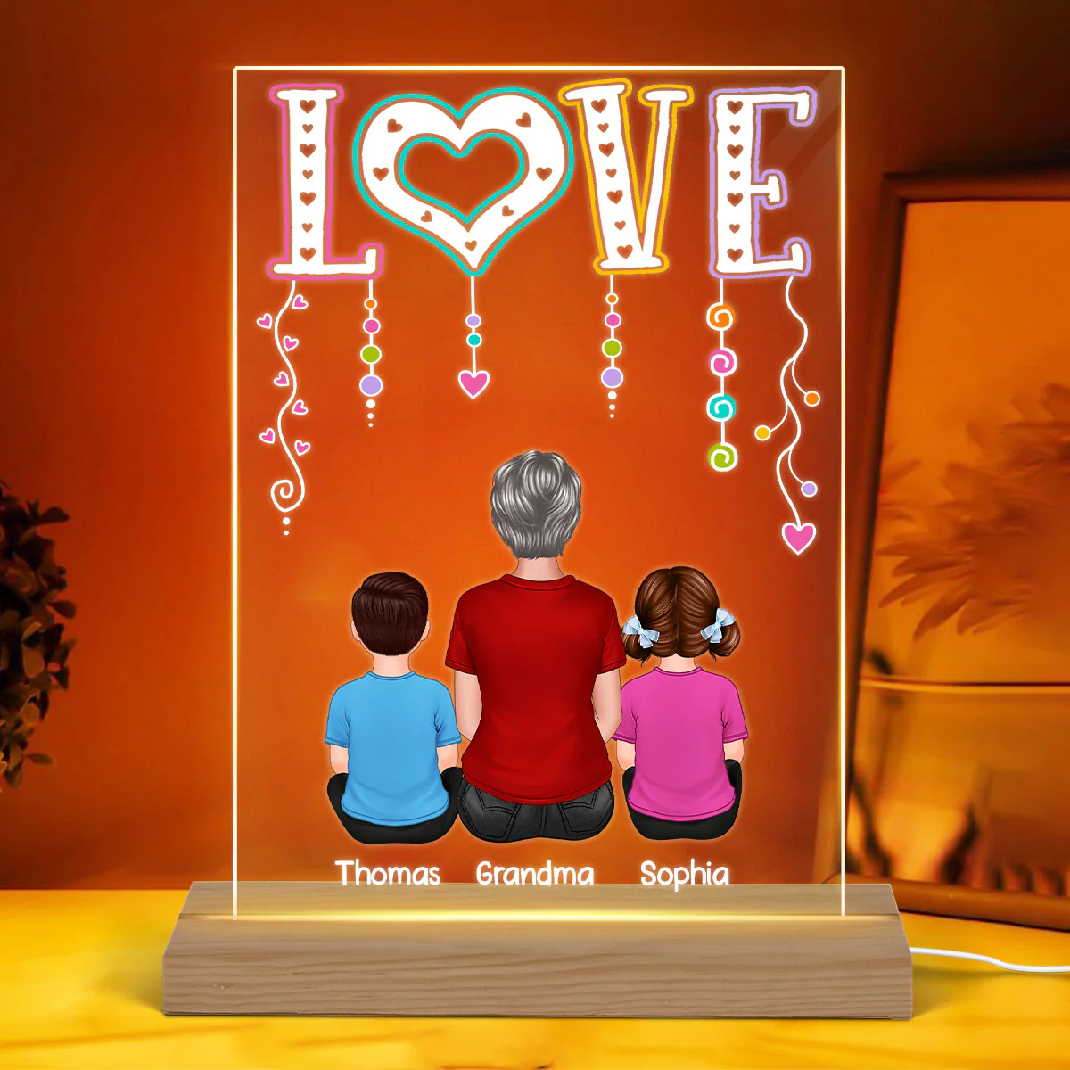 LOVE Back View Grandma Mom With Kids Sitting Personalized Rectangle Acrylic Plaque LED Night Light - Image 3