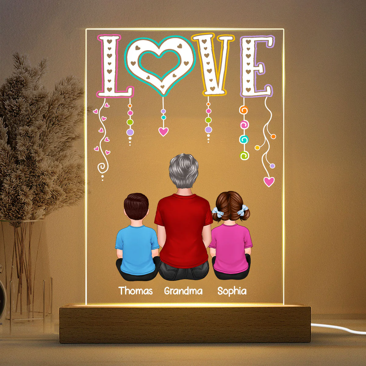 LOVE Back View Grandma Mom With Kids Sitting Personalized Rectangle Acrylic Plaque LED Night Light - Image 4