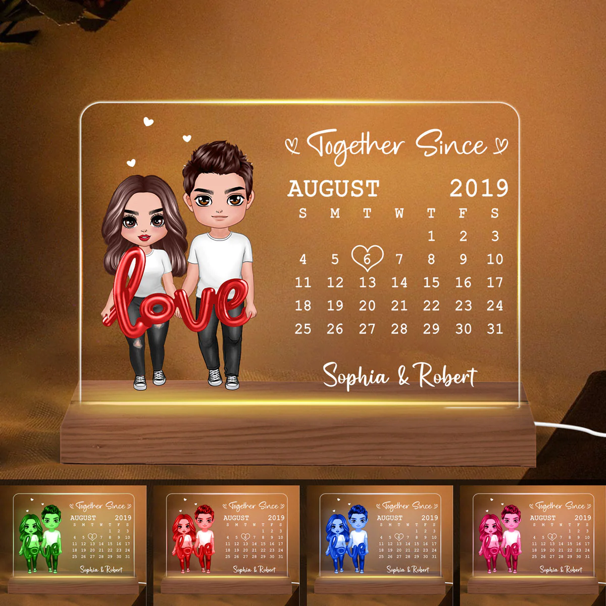 Love Balloon Standing Couple Calendar Personalized Custom Shape Acrylic Plaque LED Night Light - Gift For Him Gift For Her