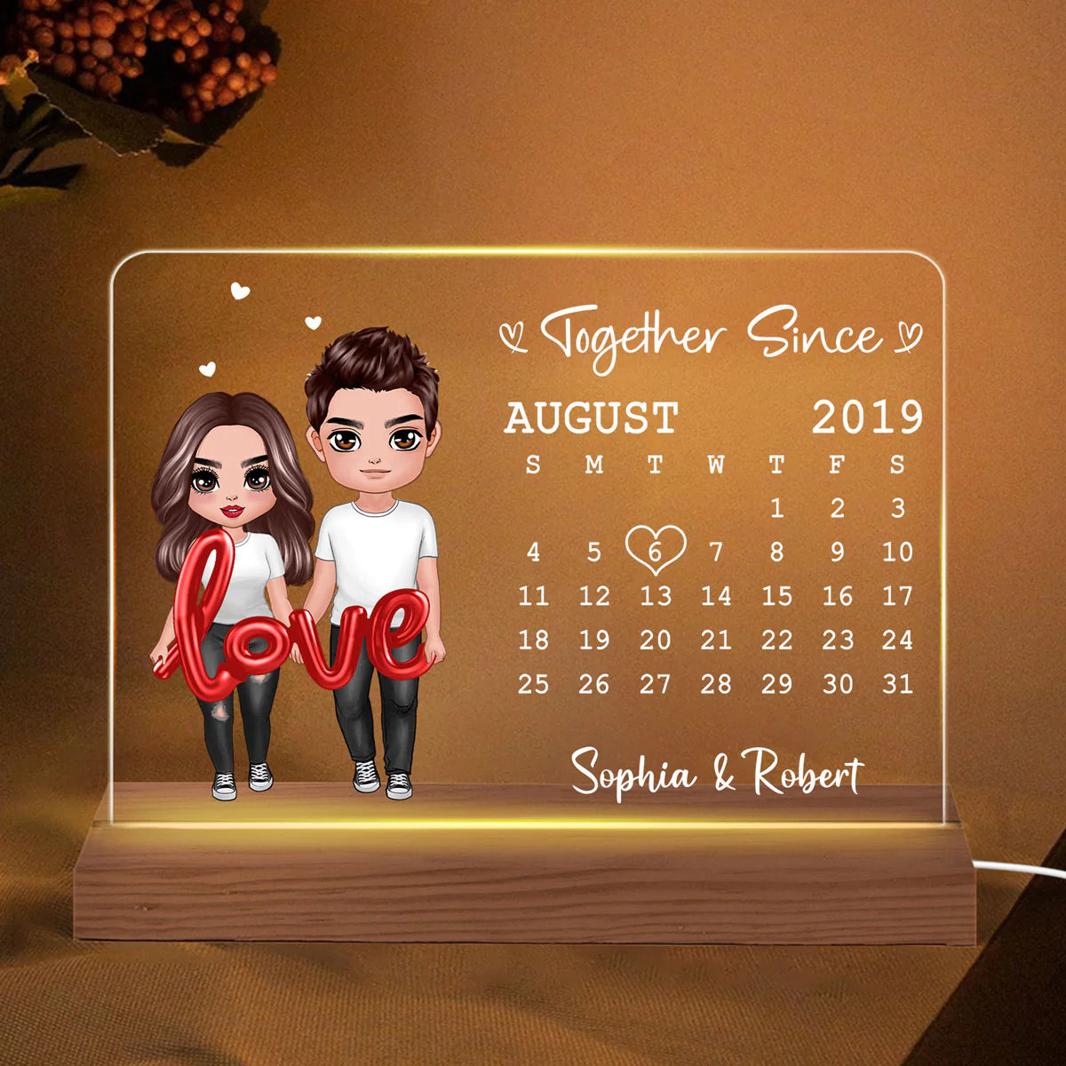 Love Balloon Standing Couple Calendar Personalized Custom Shape Acrylic Plaque LED Night Light - Gift For Him Gift For Her - Image 2