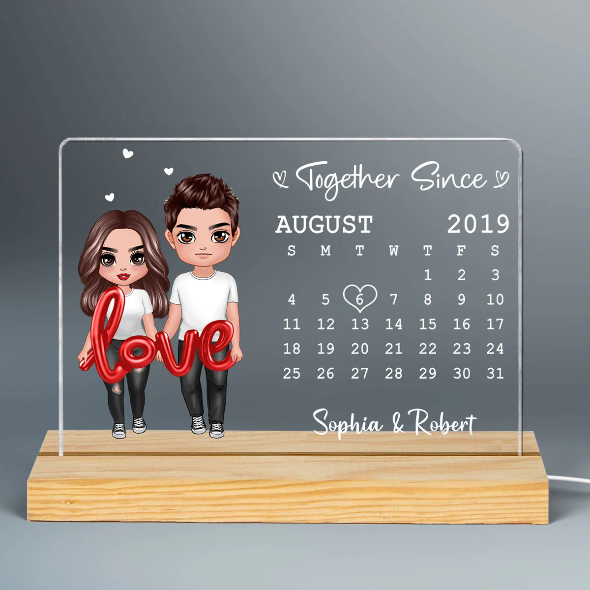 Love Balloon Standing Couple Calendar Personalized Custom Shape Acrylic Plaque LED Night Light - Gift For Him Gift For Her - Image 3