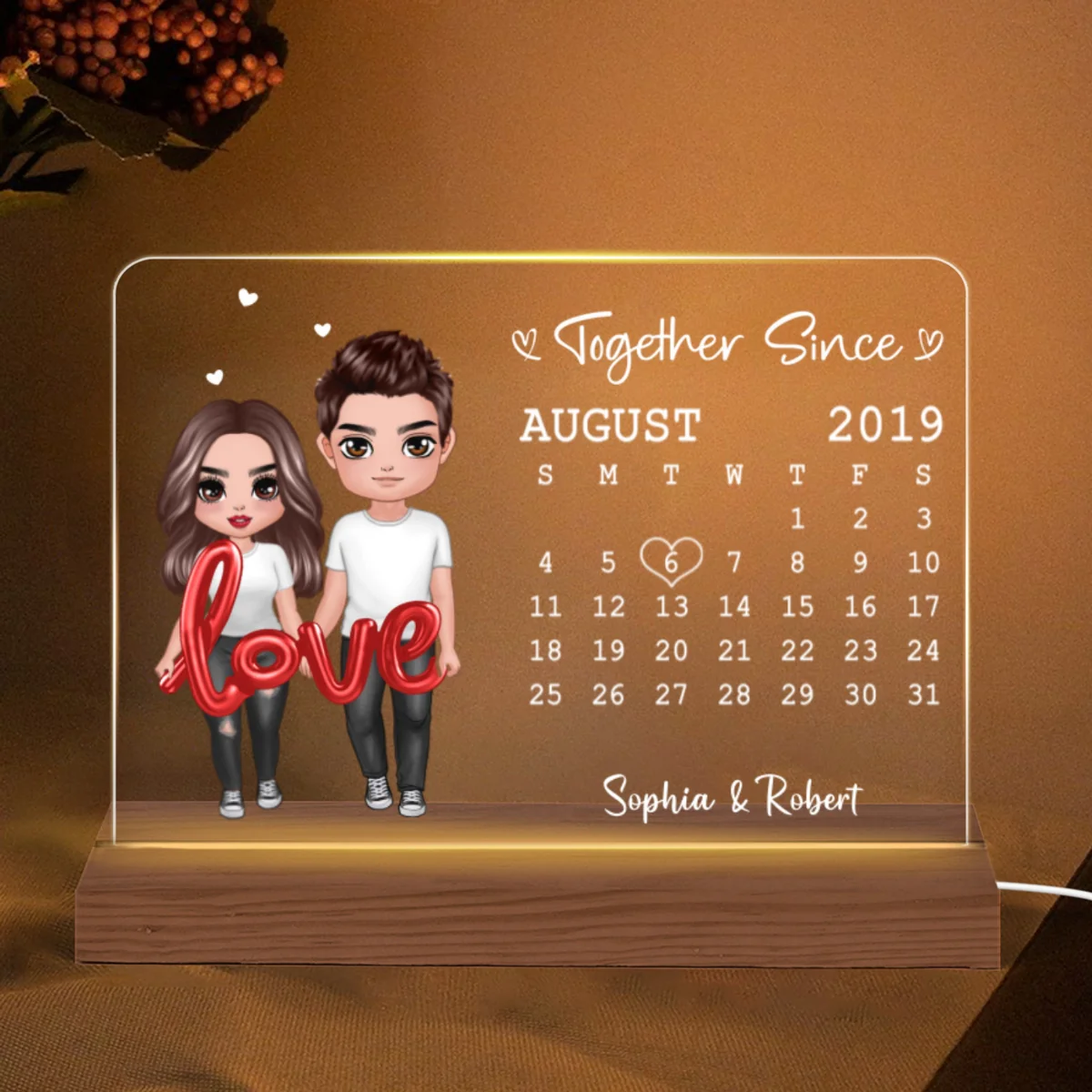 Love Balloon Standing Couple Calendar Personalized Custom Shape Acrylic Plaque LED Night Light - Gift For Him Gift For Her - Image 5
