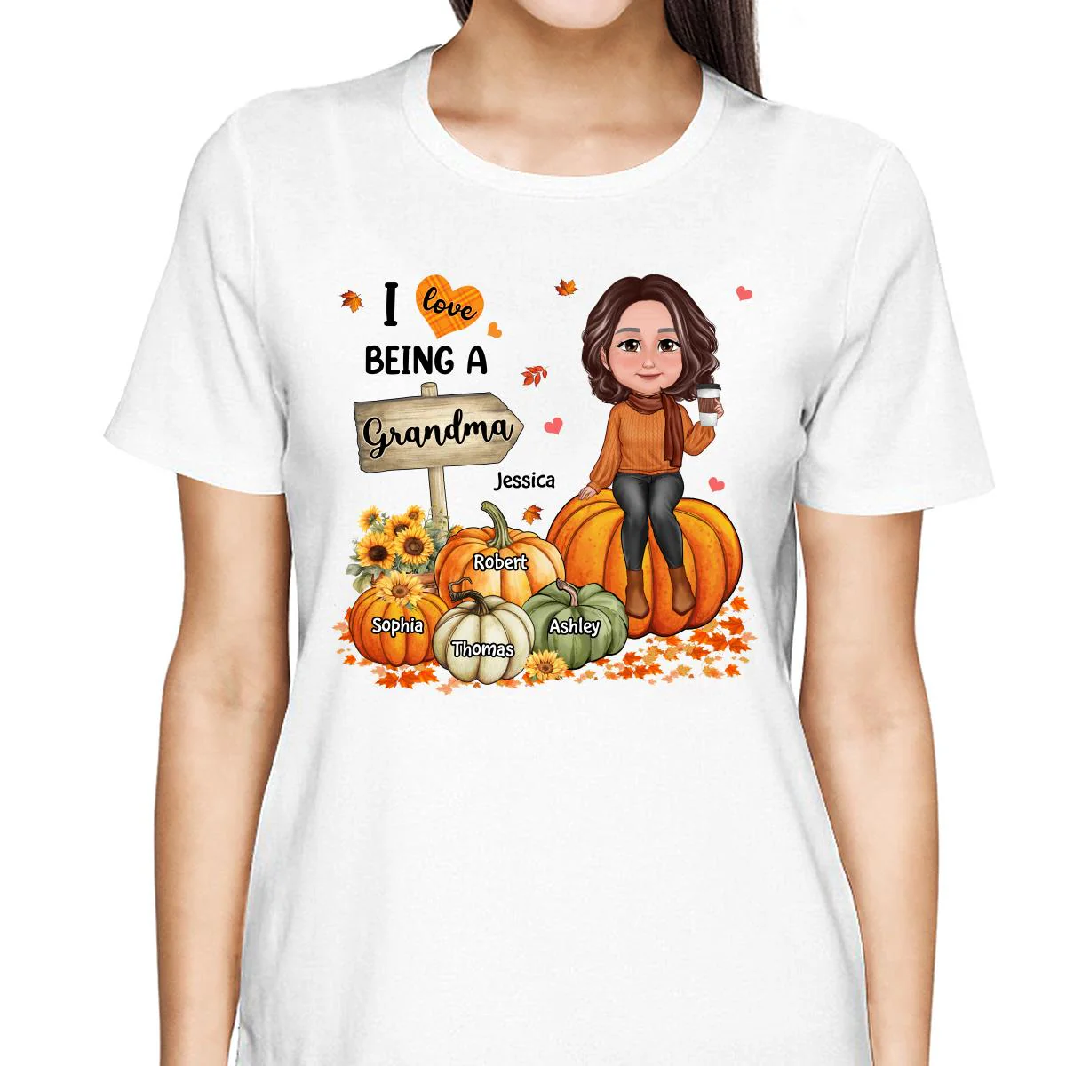 Love Being A Grandma Fall Season Sitting On Pumpkins Personalized Shirt - Image 2