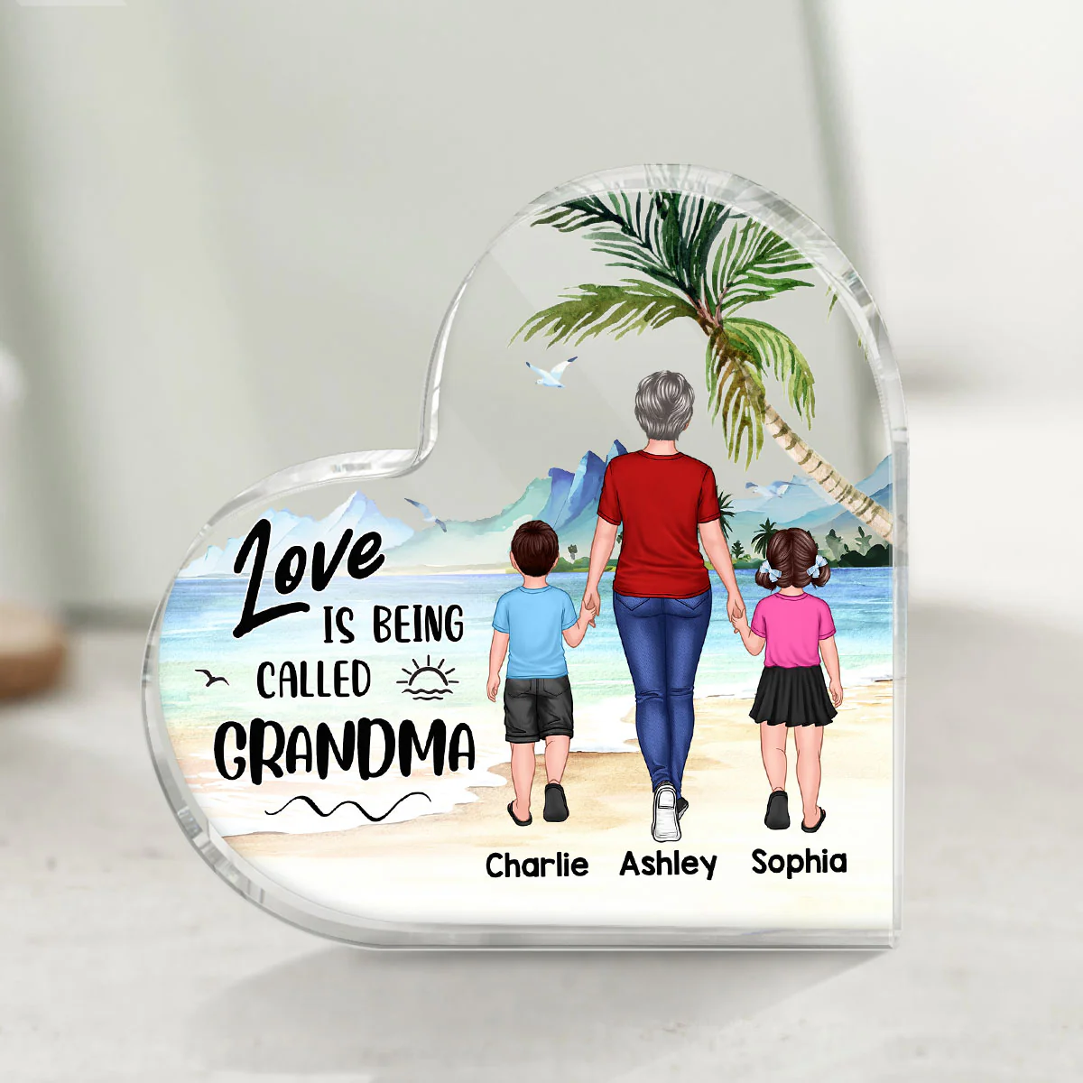 Love Being Called Grandma Back View Walking Woman & Kids Personalized Heart Plaque