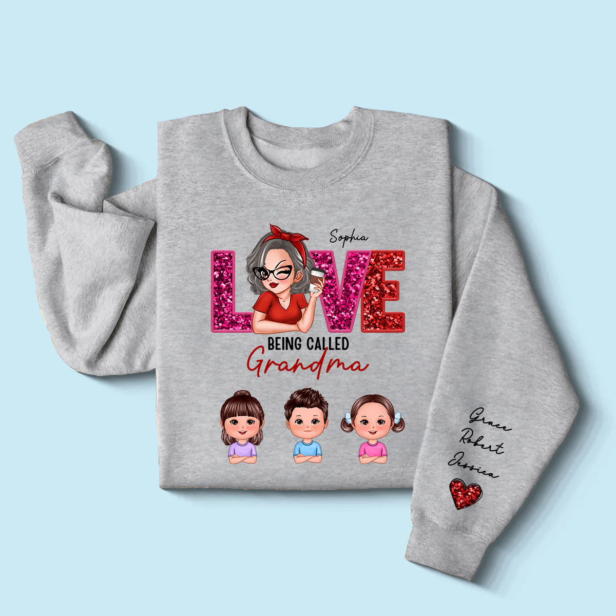 Love Being Called Grandma Mom Cute Grandkids Sequin Texture Personalized Sleeve Printed Sweatshirt - Image 3