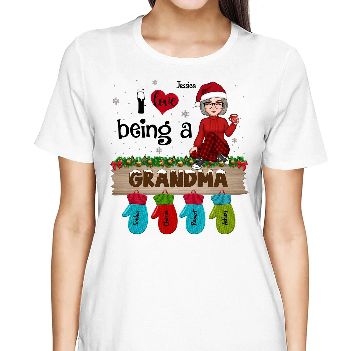 Love Being Grandma Mom Christmas Gloves Kids Names Personalized Shirt - Image 2