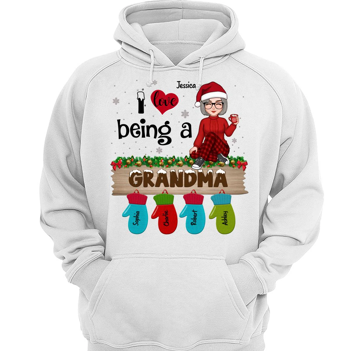 Love Being Grandma Mom Christmas Gloves Kids Names Personalized Shirt - Image 3
