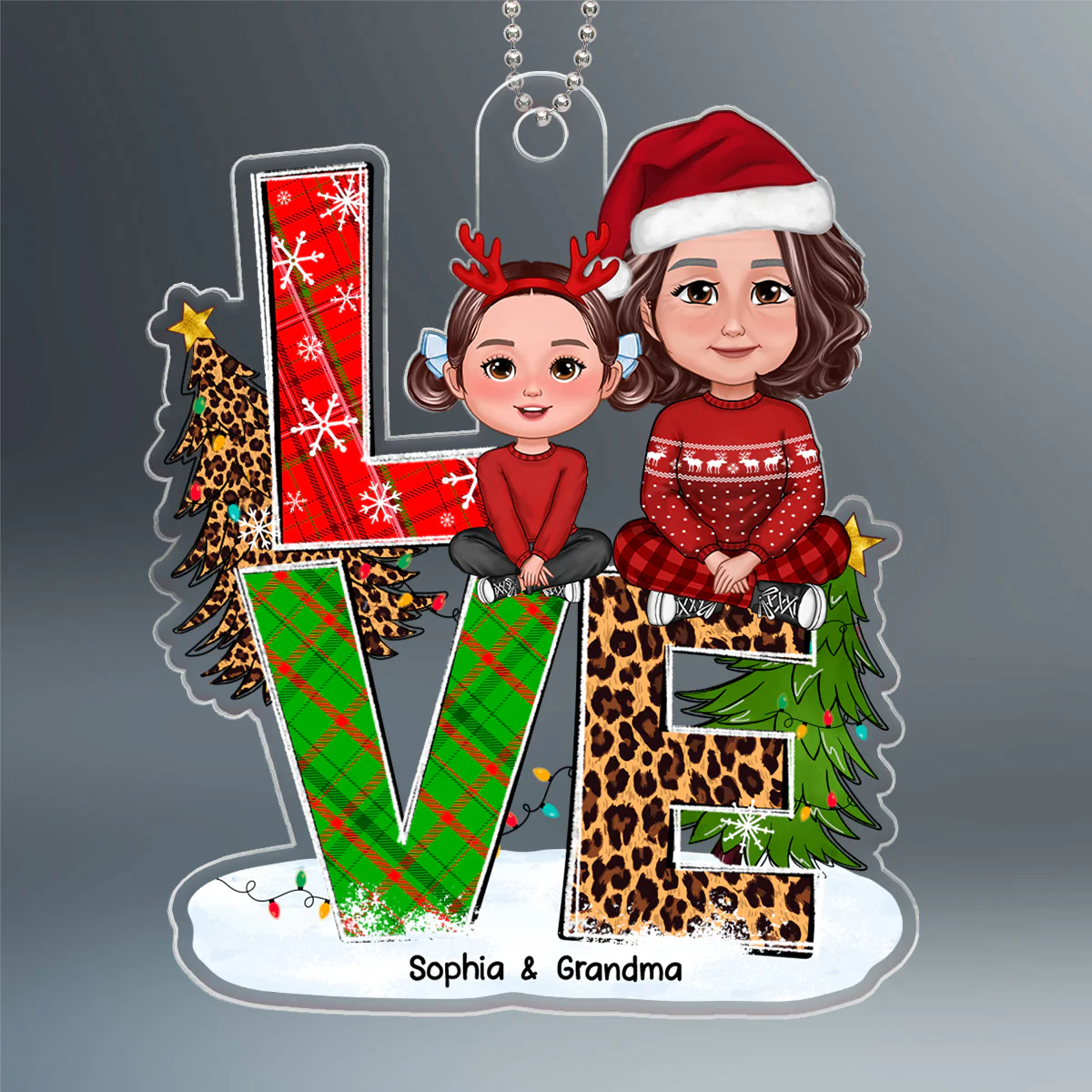 LOVE Christmas Pattern Stacked Grandma Grandkid Sitting Personalized Acrylic Ornament - Image 2