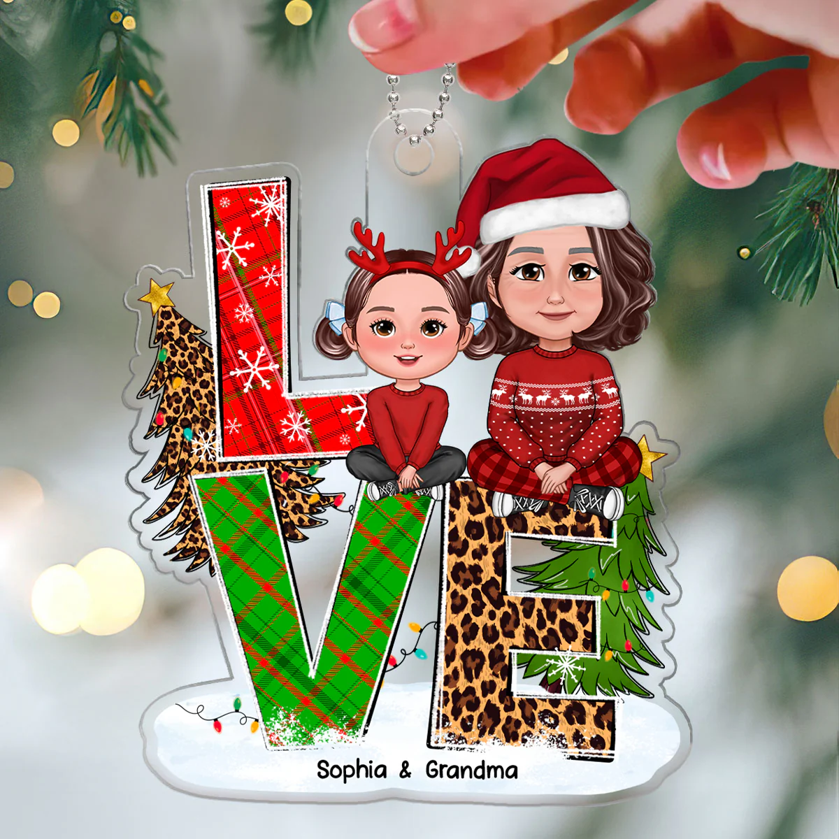LOVE Christmas Pattern Stacked Grandma Grandkid Sitting Personalized Acrylic Ornament - Image 3