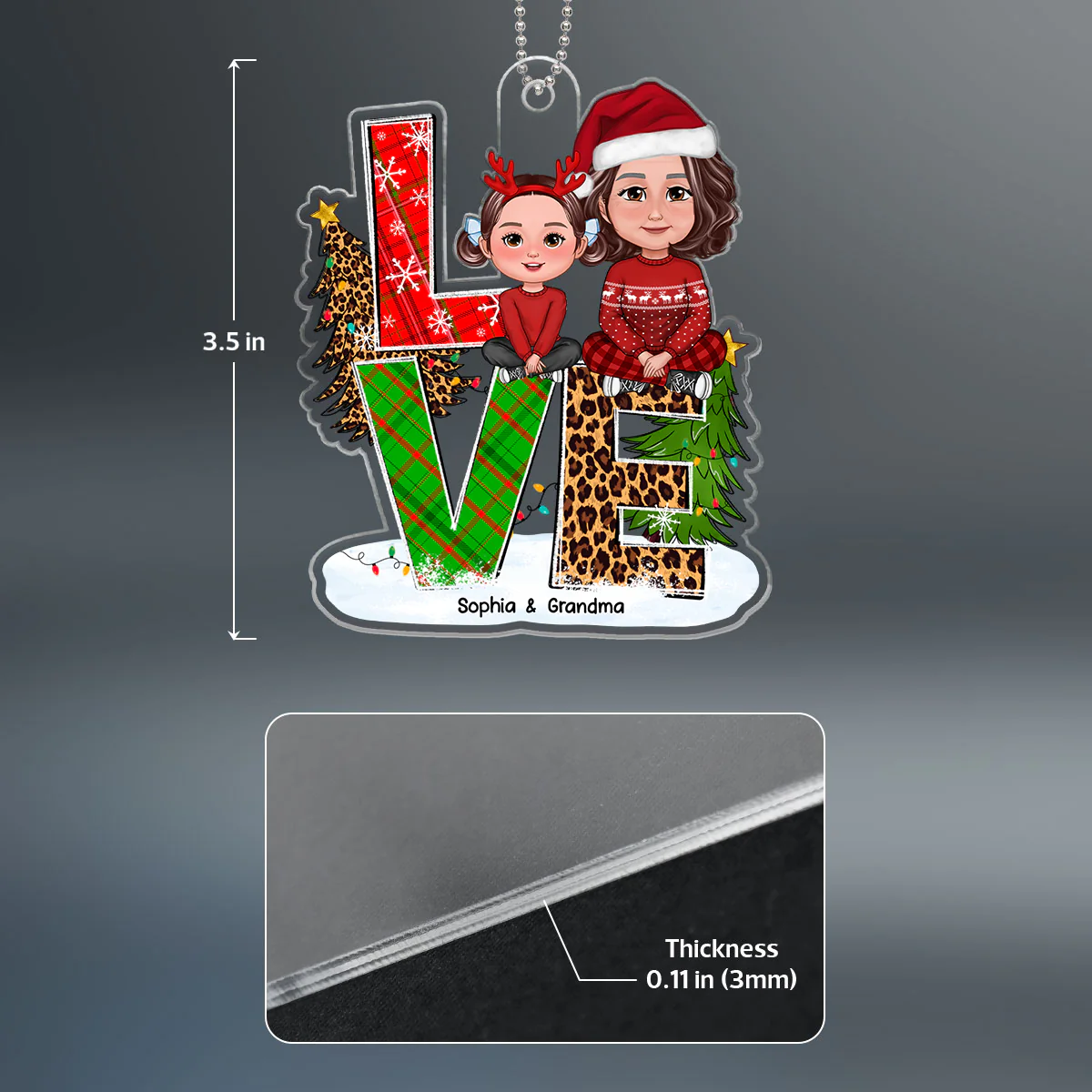 LOVE Christmas Pattern Stacked Grandma Grandkid Sitting Personalized Acrylic Ornament - Image 4