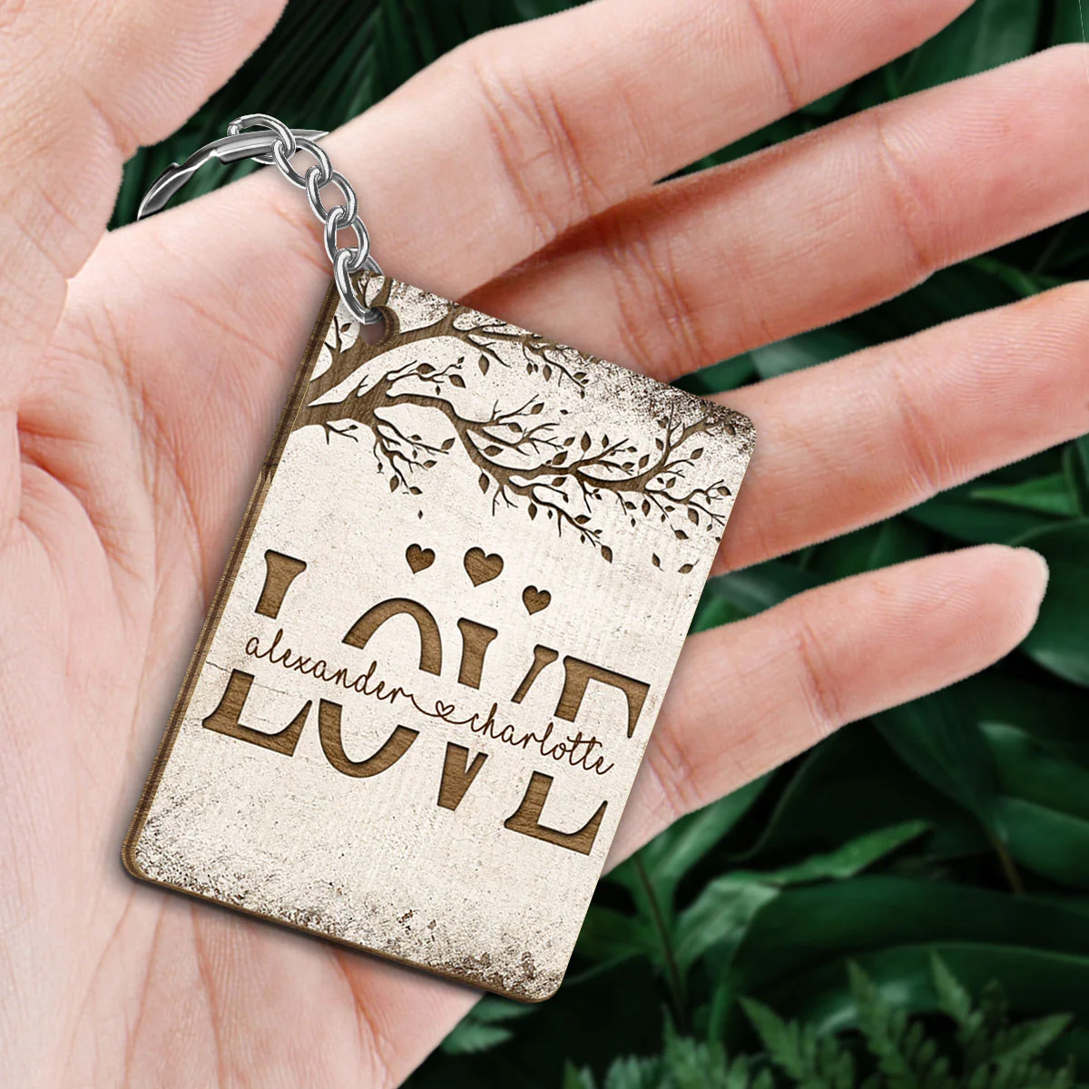 Love Cut Through Couple Under Tree Personalized Wooden Keychain - Image 2